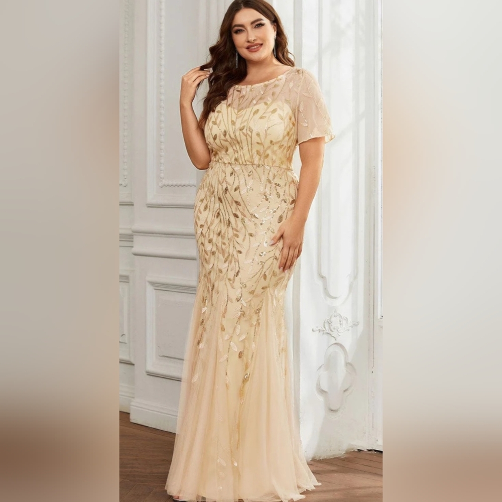 Floral Sequin Print Plus Size Mermaid Tulle Evening Dress